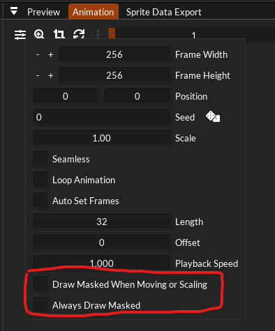 Masked drawing settings on animation tab